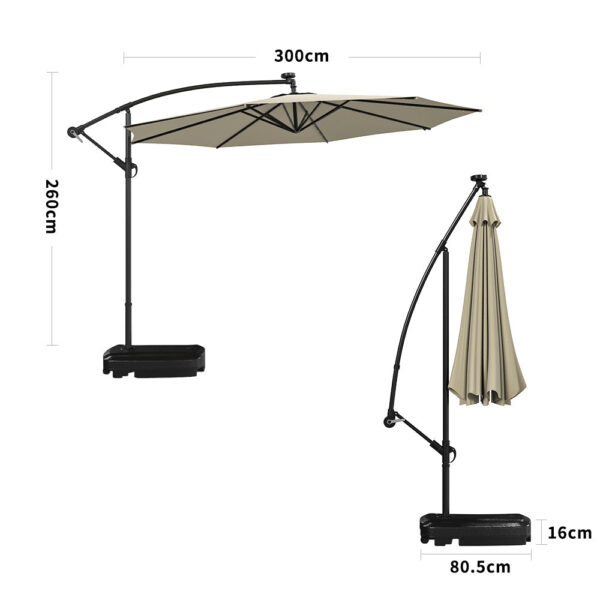 Beige 3m Iron Banana Umbrella Cantilever Garden Parasols with LED Lights