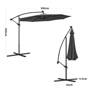 Dark Grey 3m Iron Banana Umbrella Cantilever Garden Parasols with LED Lights