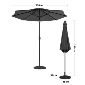 Dark Grey 3m Iron Garden Parasol Sun Umbrella With Solar LED Lights