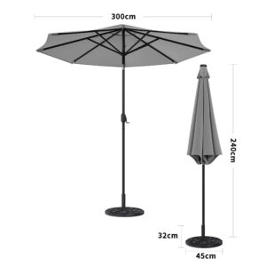 Light Grey 3m Iron Garden Parasol Sun Umbrella With Solar LED Lights