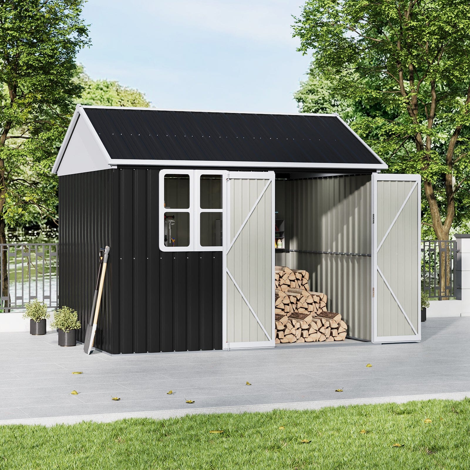 7X4ft/8.5X5.5ft/10x8ft Charcoal Black Storage Shed with Double Doors and Grid Window