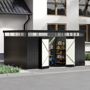 2x2.6x2m/1.6x2.6x2m/2.6x3x2m/4x3x2m Charcoal Black Galvanized Steel Storage Shed with Double/Single Lockable Doors