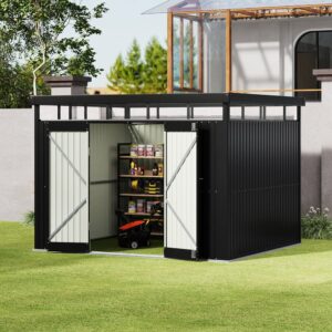 2x2.6x2m/1.6x2.6x2m/2.6x3x2m/4x3x2m Charcoal Black Galvanized Steel Storage Shed with Double/Single Lockable Doors