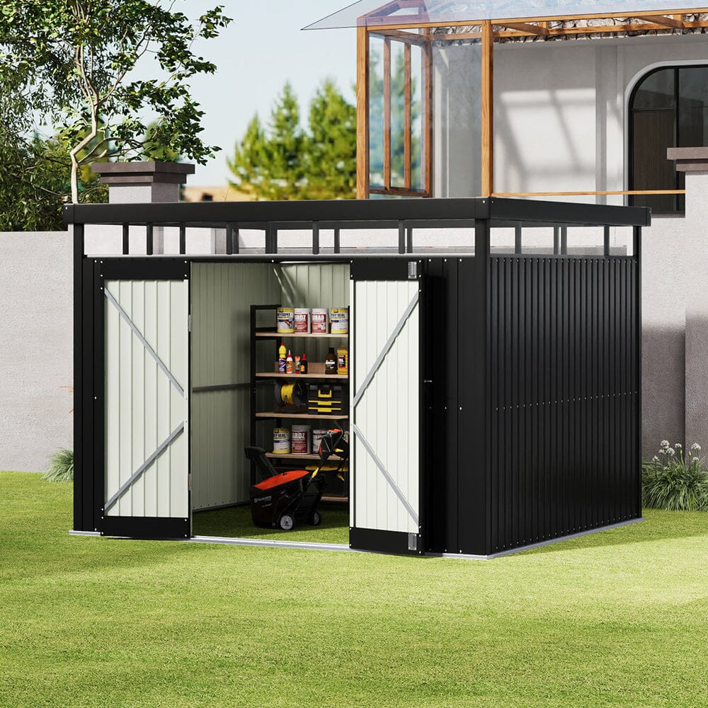 2x2.6x2m/1.6x2.6x2m/2.6x3x2m/4x3x2m Charcoal Black Galvanized Steel Storage Shed with Double/Single Lockable Doors