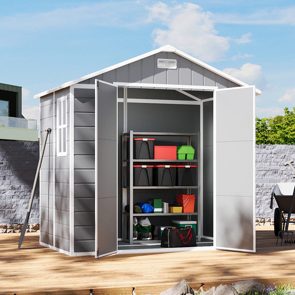 8x4/6x6ft PP Outdoor Apex/Flat Roof Garden Storage Shed with Window and Vent