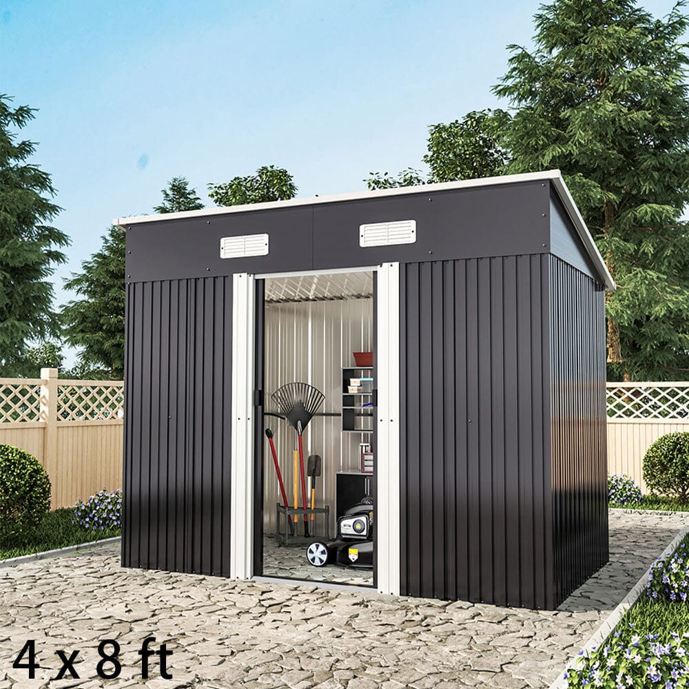 4 x 6 ft / 4 x 8 ft Steel Garden Shed with Skillion Roof Top Steel Black/Green