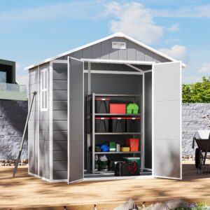 8x4/6x6ft PP Outdoor Apex/Flat Roof Garden Storage Shed with Window and Vent