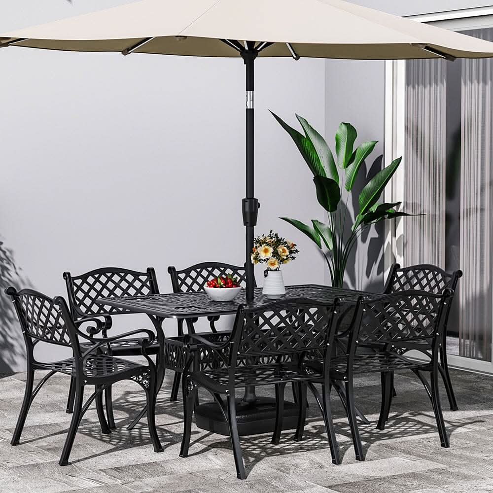 4/6 Seater Aluminium Garden Dining Set with Parasol Hole - Black / Table with 6 Chairs
