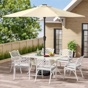 4/6 Seater Aluminium Garden Dining Set with Parasol Hole - Off-white with black spots / Table with 4 Chairs
