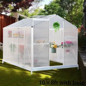 4x6ft/ 6x6ft/ 8x6ft/ 10x6ft Silver Aluminum Framed Greenhouse with Vent - 10' x 6' ft / With base frame