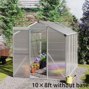 4x6ft/ 6x6ft/ 8x6ft/ 10x6ft Silver Aluminum Framed Greenhouse with Vent - 10' x 6' ft / Without base frame