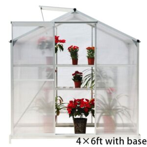 4x6ft/ 6x6ft/ 8x6ft/ 10x6ft Silver Aluminum Framed Greenhouse with Vent - 4' x 6' ft / With base frame