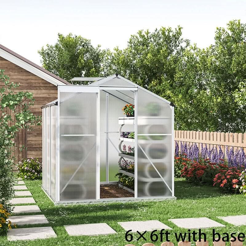 4x6ft/ 6x6ft/ 8x6ft/ 10x6ft Silver Aluminum Framed Greenhouse with Vent - 6' x 6' ft / With base frame