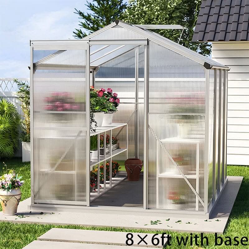 4x6ft/ 6x6ft/ 8x6ft/ 10x6ft Silver Aluminum Framed Greenhouse with Vent - 8' x 6' ft / With base frame