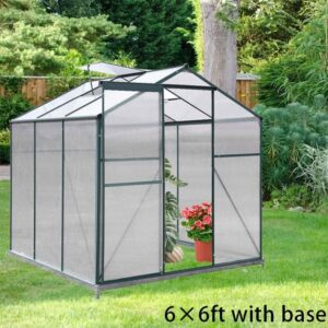 4×6 ft/ 6×6 ft/ 8×6 ft/ 10×6 ft Garden Greenhouse Green Framed with Vent - 6' × 6' ft / With Base