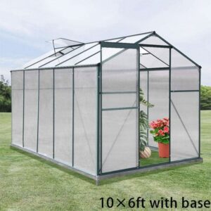 4×6 ft/ 6×6 ft/ 8×6 ft/10' x 6' ft Garden Greenhouse Green Framed with 2 Vents Rain Gutter Setting - With Base / 10' × 6' ft