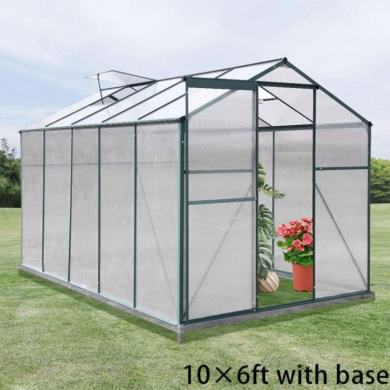 4×6 ft/ 6×6 ft/ 8×6 ft/10' x 6' ft Garden Greenhouse Green Framed with 2 Vents Rain Gutter Setting - With Base / 10' × 6' ft