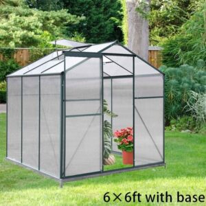 4×6 ft/ 6×6 ft/ 8×6 ft/10' x 6' ft Garden Greenhouse Green Framed with 2 Vents Rain Gutter Setting - With Base / 6' × 6' ft