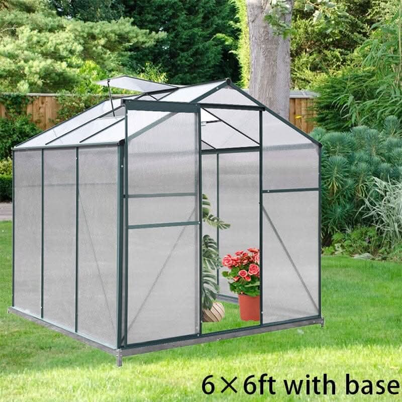 4×6 ft/ 6×6 ft/ 8×6 ft/10' x 6' ft Garden Greenhouse Green Framed with 2 Vents Rain Gutter Setting - With Base / 6' × 6' ft