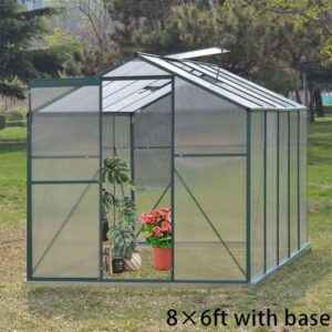 4×6 ft/ 6×6 ft/ 8×6 ft/10' x 6' ft Garden Greenhouse Green Framed with 2 Vents Rain Gutter Setting - With Base / 8' × 6' ft