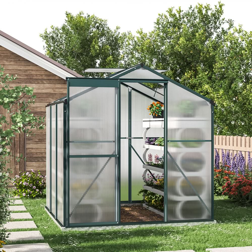 6 x 6 ft Garden Greenhouse Green Framed with Vent - With Base / L 190 x W 190 x H 195 cm