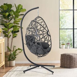 Black Wicker Rattan Swing Basket Chair with Soft Cushion